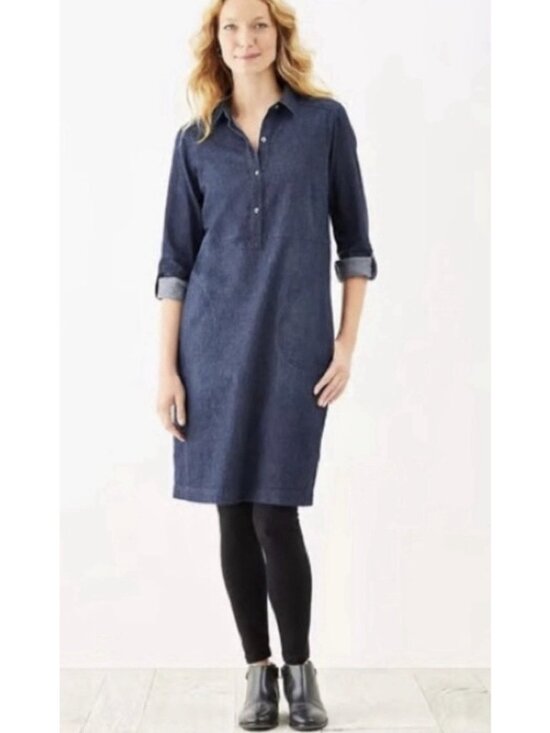J. Jill Dresses & Skirts - J Jill Denim Dress XL Collared Half Button Roll Tab Long Sleeve Dark Blue